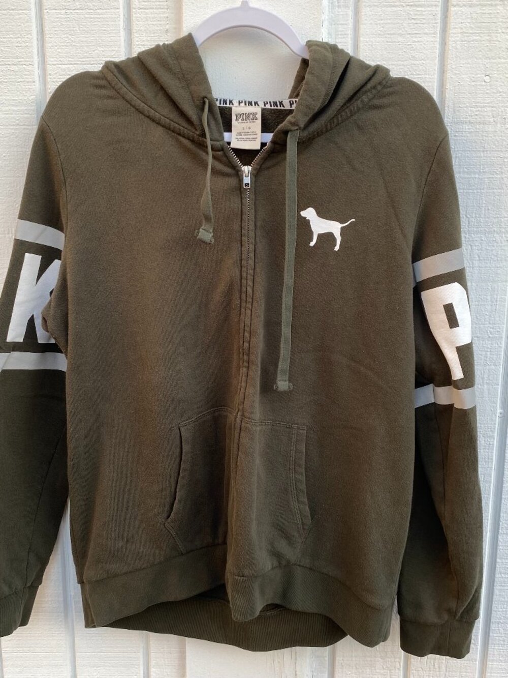 VS PINK Olive Green Zip Hoodie Large Striped Y2K Sporty Sweatshirt Sweater Gym